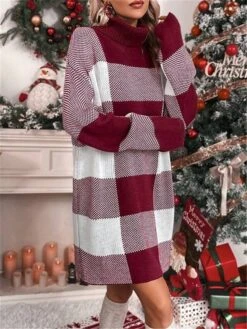 Women's Ugly Christmas Sweater Sweater Dress Christmas Sweaters Turtleneck Ribbed Knit Polyester Knitted Fall Winter Long Outdoor Christmas Daily Stylish Casual Soft Long Sleeve Plaid Red S M L -Xmas Cothing Store qgagug1697697877690