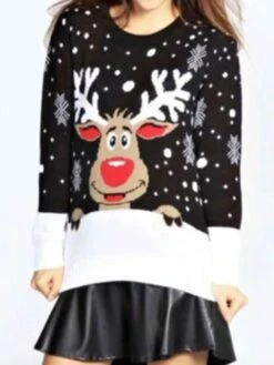 Women's Ugly Christmas Sweater Pullover Sweater Jumper Crew Neck Ribbed Knit Nylon Patchwork Knitted Fall Winter Xmas Holiday Stylish Casual Soft Long Sleeve Animal Snowflake Black Red S M L -Xmas Cothing Store qggeek1662099929940