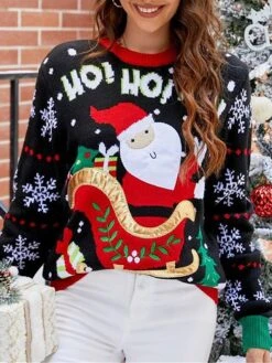 Women's Ugly Christmas Sweater Pullover Sweater Jumper Turtleneck Ribbed Knit Acrylic Patchwork Fall Winter Regular Xmas Daily Going Out Stylish Casual Soft Long Sleeve Santa Claus Black Red S M -Xmas Cothing Store qihnyj1695029192142