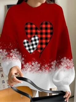 Women's Pullover Sweater Jumper Crew Neck Crochet Knit Asymmetric Hem Fall Winter Regular Christmas Weekend Stylish Vintage Style Long Sleeve Check Snowflake Wine Navy Blue S M L -Xmas Cothing Store qihuht1697176849808