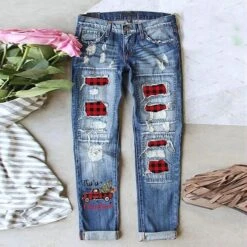 Women's Jeans Distressed Jeans Denim Light Blue Dark Blue Grey Fashion Christmas Xmas Street Casual Side Pockets Baggy Micro-elastic Full Length Comfort Graphic S M L XL XXL / Cut Out / Ripped -Xmas Cothing Store qitpji1666250965691