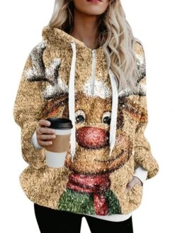 Women's Fleece Jacket Sherpa Jacket Teddy Coat Warm Breathable Christmas Street Daily Wear Vacation Zipper Pocket Print Pullover Hoodie Plush Casual Daily Comfortable Xmas Animal Regular Fit -Xmas Cothing Store qjuwcj1667892753961