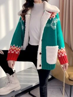 Women's Ugly Christmas Sweater Cardigan Sweater Shirt Collar Ribbed Knit Polyester Button Pocket Fall Winter Regular Outdoor Christmas Daily Stylish Casual Soft Long Sleeve Geometric Snowflake Red -Xmas Cothing Store qktdoa1696903327519