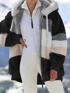 Women's Plus Size Fleece Sherpa Jacket Teddy Coat With Hood Christmas Windproof Warm Zipper Coat Fashion Plush Outdoor Xmas Casual Color Block Regular Fit Outerwear Long Sleeve Fall -Xmas Cothing Store qnbeal1695715070122
