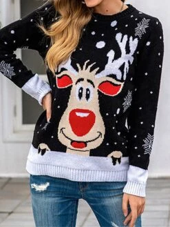 Women's Ugly Christmas Sweater Pullover Sweater Jumper Crew Neck Ribbed Knit Polyester Patchwork Fall Winter Regular Xmas Daily Going Out Stylish Casual Soft Long Sleeve Elk Snowflake Black Red -Xmas Cothing Store qoeceb1695209488187
