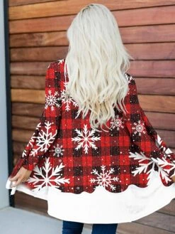 Women's Christmas Casual Jacket Xmas Santa Plaid Print Red Open Front Cardigan Fashion Loose Fit Outerwear Long Sleeve White S
