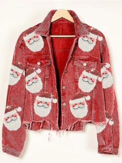Women's Christmas Jacket Embroidered Santa Sequins Print Coat Fall Shacket Jacket With Tassel Winter Coat Corduroy Jacket Red Xmas -Xmas Cothing Store qqqlhb1696918474057