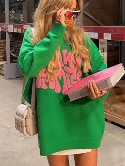 Women's Pullover Sweater Jumper Crew Neck Chunky Knit Acrylic Polyester Knit Oversized Puff Sleeve Fall Winter Cropped Christmas Date New Year Xmas Sexy Casual Long Sleeve Color Block Letter Red Green -Xmas Cothing Store qqtceu1694515388759