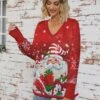 Women's Pullover Sweater Jumper V Neck Ribbed Knit Print Fall Winter Regular Christmas Stylish Soft Long Sleeve Santa Claus Xmas Tree Red Purple S M L -Xmas Cothing Store qrfqng1697106101278