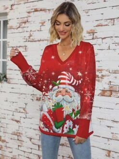 Women's Pullover Sweater Jumper V Neck Ribbed Knit Print Fall Winter Regular Christmas Stylish Soft Long Sleeve Santa Claus Xmas Tree Red Purple S M L