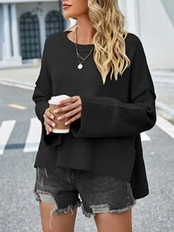 Women's Ugly Christmas Sweater Pullover Sweater Jumper Crew Neck Ribbed Knit Acrylic Split Flare Cuff Sleeve Fall Winter Regular Outdoor Christmas Daily Stylish Casual Soft Long Sleeve Solid Color -Xmas Cothing Store qsamlz1696823539247