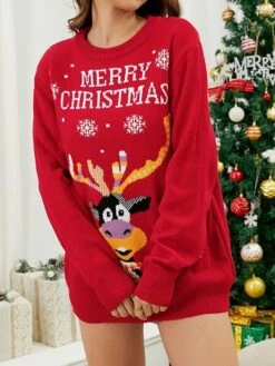 Women's Ugly Christmas Sweater Sweater Dress Christmas Sweaters Crew Neck Ribbed Knit Polyester Knitted Print Fall Winter Long Outdoor Xmas Holiday Daily Stylish Casual Long Sleeve Santa Claus -Xmas Cothing Store qsawtc1697290874823