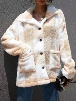 Women's Fleece Sherpa Jacket Teddy Coat Christmas Plaid Winter Coat Windproof Warm Jacket With Pocket Single Breasted Outerwear Long Sleeve