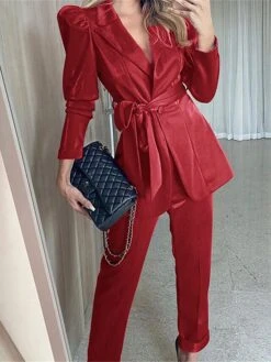 Women's Blazer Suits Velvet Christmas 2 Piece Blazer & Pants Party Wear Office Work Xmas Casual Jakcet Single Breasted Coat With Belt Fashion Street Wear -Xmas Cothing Store qsisxz1690534880586