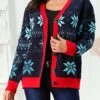 Women's Ugly Christmas Sweater Cardigan Sweater Jacket V Neck Ribbed Knit Acrylic Button Knitted Print Fall Winter Regular Outdoor Christmas Daily Stylish Casual Soft Long Sleeve Snowflake Navy Blue