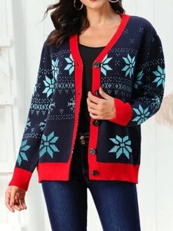 Women's Ugly Christmas Sweater Cardigan Sweater Jacket V Neck Ribbed Knit Acrylic Button Knitted Print Fall Winter Regular Outdoor Christmas Daily Stylish Casual Soft Long Sleeve Snowflake Navy Blue