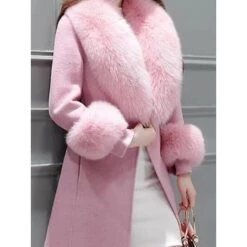 Women's Winter Coat Long Overcoat With Faux Fur Wool Blend Belted Dress Coat Open Front Lapel Pea Coat Fall Elegant Lady Jacket Christmas Party Xmas Outerwear Pink Red -Xmas Cothing Store qulylt1669864101715 1