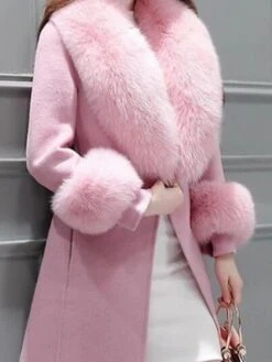 Women's Winter Coat Long Overcoat With Faux Fur Wool Blend Belted Dress Coat Open Front Lapel Pea Coat Fall Elegant Lady Jacket Christmas Party Outerwear Pink Red -Xmas Cothing Store qulylt1669864101715