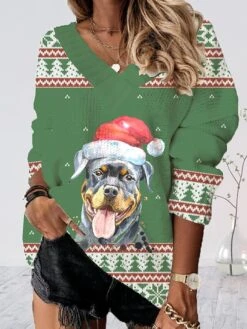 Women's Ugly Christmas Sweater Pullover Sweater Jumper V Neck Ribbed Knit Polyester Print Fall Winter Regular Outdoor Xmas Holiday Stylish Casual Soft Long Sleeve Animal Christmas Tree Print