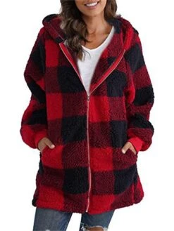 Women's Sherpa Jacket Fleece Long Teddy Coat Windproof Warm Maillard Plaid Christmas Daily Wear Vacation Zipper Pocket Zipper Hoodie Ordinary Modern Plush Regular Fit Outerwear Long Sleeve Winter Fall -Xmas Cothing Store qvccgb1667563760588