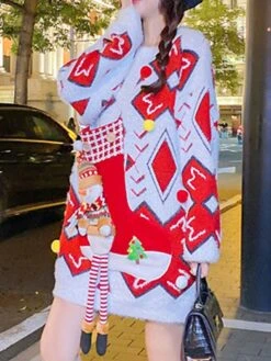 Women's Ugly Christmas Sweater Pullover Sweater Jumper Crew Neck Ribbed Knit Acrylic Knitted Fall Winter Outdoor Xmas Daily Stylish Casual Soft Long Sleeve Geometric Letter Santa Claus White Red -Xmas Cothing Store qvlbvj1668219587472