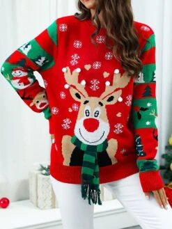 Women's Ugly Christmas Sweater Pullover Sweater Jumper V Neck Ribbed Knit Polyester Knitted Print Fall Winter Regular Outdoor Xmas Holiday Daily Stylish Casual Long Sleeve Print Snowflake Wine -Xmas Cothing Store qwophp1697290836690
