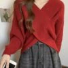 Women's CroppedSweater Pullover Sweater Jumper V Neck Ribbed Knit Polyester Knitted Fall Winter Short Outdoor Christmas Daily Stylish Casual Soft Long Sleeve Solid Color Black Pink Red S M L -Xmas Cothing Store qwxuss1697290882580
