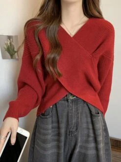 Women's CroppedSweater Pullover Sweater Jumper V Neck Ribbed Knit Polyester Knitted Fall Winter Short Outdoor Christmas Daily Stylish Casual Soft Long Sleeve Solid Color Black Pink Red S M L