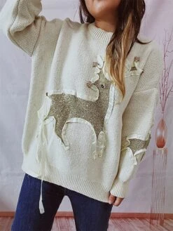 Women's Christmas Sweaters Pullover Sweater Jumper Crew Neck Chunky Knit Polyester Embroidery Spring Fall Winter Regular Christmas Daily New Year Fashion Cute Daily Long Sleeve Elk Red Beige S M L -Xmas Cothing Store qxvejm1697539837983