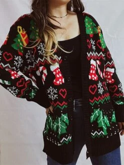 Women's Cardigan Christmas Sweaters V Neck Chunky Knit Polyester Button Knitted Spring Fall Winter Long Christmas Daily New Year Fashion Daily Vintage Style Long Sleeve Christmas Tree Snowflake Black -Xmas Cothing Store qxwmwe1697539822457