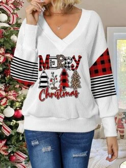 Women's Pullover Sweater Jumper V Neck Crochet Knit Cotton Blend Print Drop Shoulder Fall Winter Regular Christmas Stylish Casual Soft Long Sleeve Christmas Tree Pink Red S M L