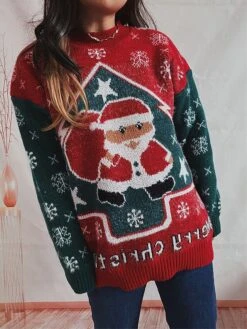 Women's Ugly Christmas Sweater Pullover Sweater Jumper Crew Neck Ribbed Knit Knit Patchwork Fall Winter Regular Outdoor Xmas Daily Stylish Casual Soft Long Sleeve Color Block Letter Santa Claus -Xmas Cothing Store qyvfzj1696918490469
