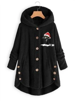 Women‘s Plus Size Christmas Fleece Jacket Teddy Coat Warm Button Pocket Cat Hat Causal Xmas Long Sleeve Hooded Regular Winter Fall Black Pink Wine L XL XXL 3XL 4XL -Xmas Cothing Store raazxi1667466546976