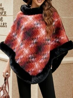 Women's Cloak / Capes Faux Fur Trim Christmas Party Pullover Hoodie Warm Street Daily Wear Vacation Fashion Street Xmas Style Plaid Regular Fit Outerwear Long Sleeve Fall Winter Blue Fuchsia Orange -Xmas Cothing Store radrhe1692950032319