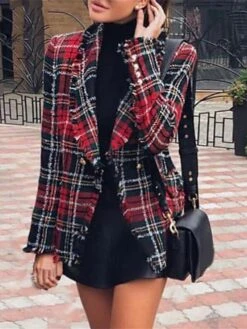 Women's Blazer Formal Button Plaid Warm Christmas Streetwear Regular Fit Outerwear Xmas Long Sleeve Fall Claret S -Xmas Cothing Store rbguep1692767159926