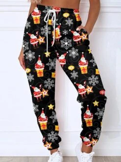 Women's Christmas Sweatpants Joggers Santa Gift Print Full Length Pocket Daily Xmas Wear Green Black Grey S 3XL Fall Winter