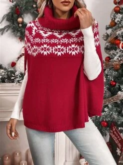 Women's Ugly Christmas Sweater Ugly Sweater Christmas Sweaters Turtleneck Ribbed Knit Polyester Knitted Print Fall Winter Regular Outdoor Christmas Daily Stylish Casual Soft Long Sleeve Geometric Red -Xmas Cothing Store rcudhh1697290859624