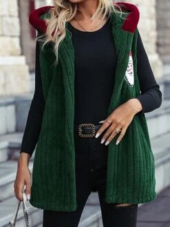 Women's Christmas Jacket Santa Sherpa Vest Sleeveless Sherpa Jacket Fleece Teddy Coat Hooded Jacket Claus Thermal Lightweight Streetwear Xmas Outerwear Long Sleeve Green S -Xmas Cothing Store rcuqsi1667901997879