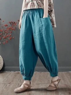 Women‘s Bloomers Baggy Cropped Pants Ankle-Length Cotton Pocket Cotton Linen Micro-elastic High Waist Streetwear Xmas Simple Outdoor Christmas Rice White Black M L Summer Fall -Xmas Cothing Store rekxil1690959765998