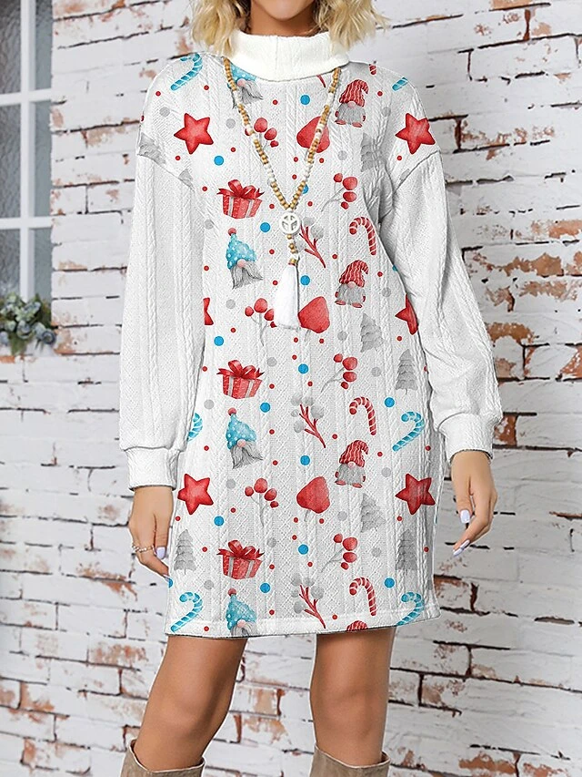 Women's Sweater Dress Christmas Sweaters Stand Collar Ribbed Knit Polyester Knitted Print Fall Winter Long Christmas Holiday Going Out Daily Stylish Casual Long Sleeve Santa Claus Black White S M L 5 Women's Sweater Dress Christmas Sweaters Stand Collar Ribbed Knit Polyester Knitted Print Fall Winter Long Christmas Holiday Going Out Daily Stylish Casual Long Sleeve Santa Claus Black White S M L - Image 3