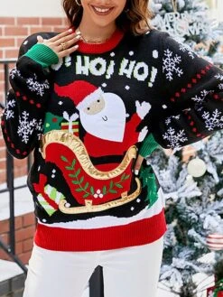 Women's Ugly Christmas Sweater Pullover Sweater Jumper Turtleneck Ribbed Knit Acrylic Patchwork Fall Winter Regular Xmas Daily Going Out Stylish Casual Soft Long Sleeve Santa Claus Black Red S M -Xmas Cothing Store rfibyq1695029184137