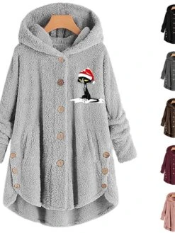 Women‘s Plus Size Christmas Fleece Jacket Teddy Coat Warm Button Pocket Cat Hat Causal Xmas Long Sleeve Hooded Regular Winter Fall Black Pink Wine L XL XXL 3XL 4XL