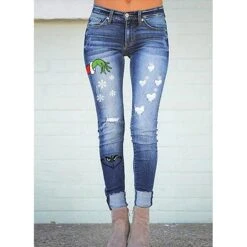 Women's Jeans Distressed Jeans Denim Blue Fashion Christmas Xmas Street Casual Cut Out Ripped Micro-elastic Full Length Comfort Graphic S M L XL XXL / Print
