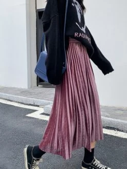 Women's Skirt A Line Swing Midi Gold Velvet Wine Red Black Pink Navy Blue Skirts Fall & Winter Pleated High Waist Fashion Elegant Christmas Xmas Street M L XL -Xmas Cothing Store rgtzbv1694689580200