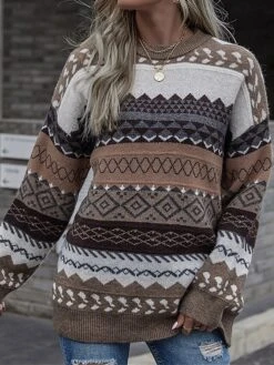 Women's Ugly Christmas Sweater Pullover Sweater Jumper Crew Neck Ribbed Knit Woolen Patchwork Fall Winter Regular Outdoor Christmas Daily Stylish Ethnic Style Casual Long Sleeve Geometric Striped Red -Xmas Cothing Store riyoat1696992132330