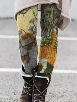 Women's Xmas Tights Leggings Dark Grey Matt Black Creamy-white Fashion Christmas Cat Maple Casual Full Length Thermal Warm Cat S M L XL 2XL -Xmas Cothing Store rlwmoe1665660344941