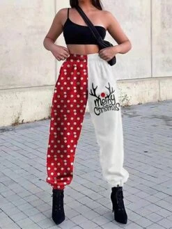 Women's Sweatpants Pants Trousers Harem Pants Full Length Active Vacation Outdoor Christmas Pure Black + Red Bottom Deer Moon Shaped Santa Claus S M Fall Winter -Xmas Cothing Store rmidst1696839085590