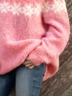 Women's Pullover Sweater Jumper Stand Collar Turtleneck Ribbed Knit Polyester Oversized Fall Winter Xmas Outdoor Christmas Daily Stylish Casual Soft Long Sleeve Striped Snowflake Pink S M L -Xmas Cothing Store rmonch1695608268510