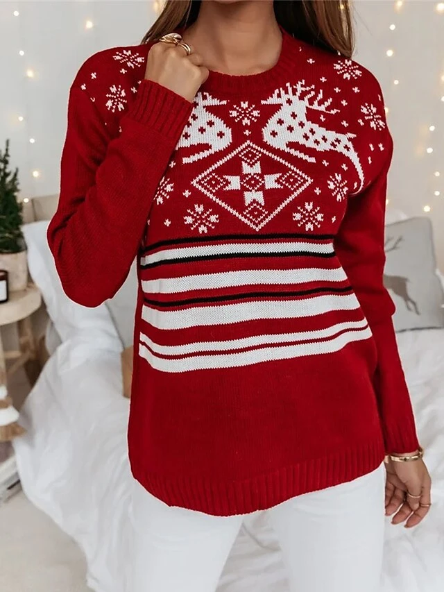 Women's Ugly Christmas Sweater Pullover Sweater Jumper Crew Neck Ribbed Knit Acrylic Patchwork Fall Winter Regular Xmas Daily Going Out Stylish Casual Soft Long Sleeve Elk Striped Snowflake Red 7 Women's Ugly Christmas Sweater Pullover Sweater Jumper Crew Neck Ribbed Knit Acrylic Patchwork Fall Winter Regular Xmas Daily Going Out Stylish Casual Soft Long Sleeve Elk Striped Snowflake Red - Image 5