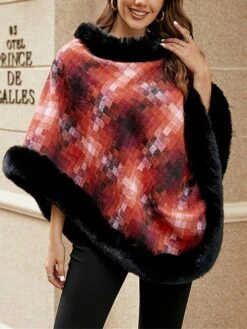 Women's Cloak / Capes Faux Fur Trim Christmas Party Pullover Hoodie Warm Street Daily Wear Vacation Fashion Street Xmas Style Plaid Regular Fit Outerwear Long Sleeve Fall Winter Blue Fuchsia Orange -Xmas Cothing Store rnoxwx1692950034671